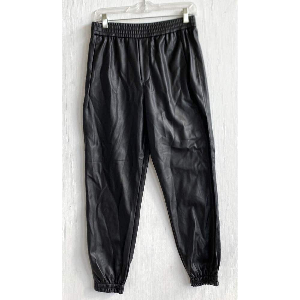 ZARA Black Faux Leather Pull on Crop Ankle Jogger Pants Elastic Waist Size S